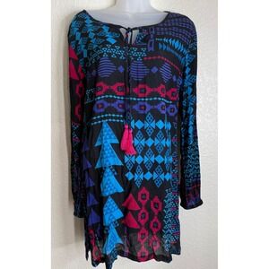 Phool Womens Medium Black Multicolor Geometric Tribal Tunic Blouse Tassel Boho
